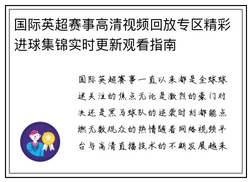 国际英超赛事高清视频回放专区精彩进球集锦实时更新观看指南